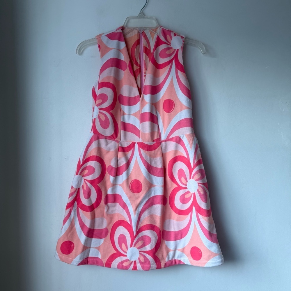 Pink & White Mod Abstract Floral Print Velvet Mini Dress S